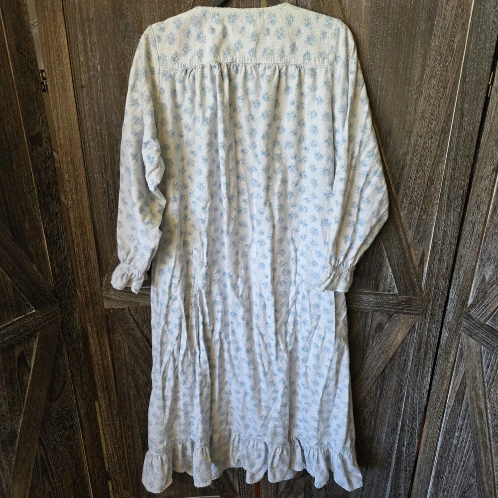 Adonna Nightgown Womens M Blue White Floral Lace Long Sleeve Sleep Dress Flannel